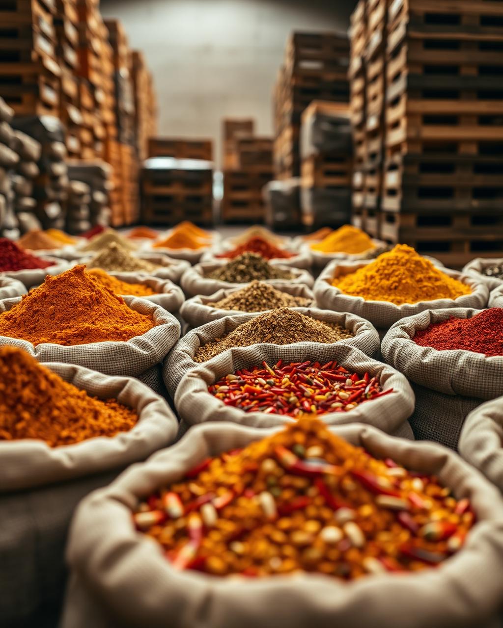 Premium Indian spices in burlap sacks at an export warehouse